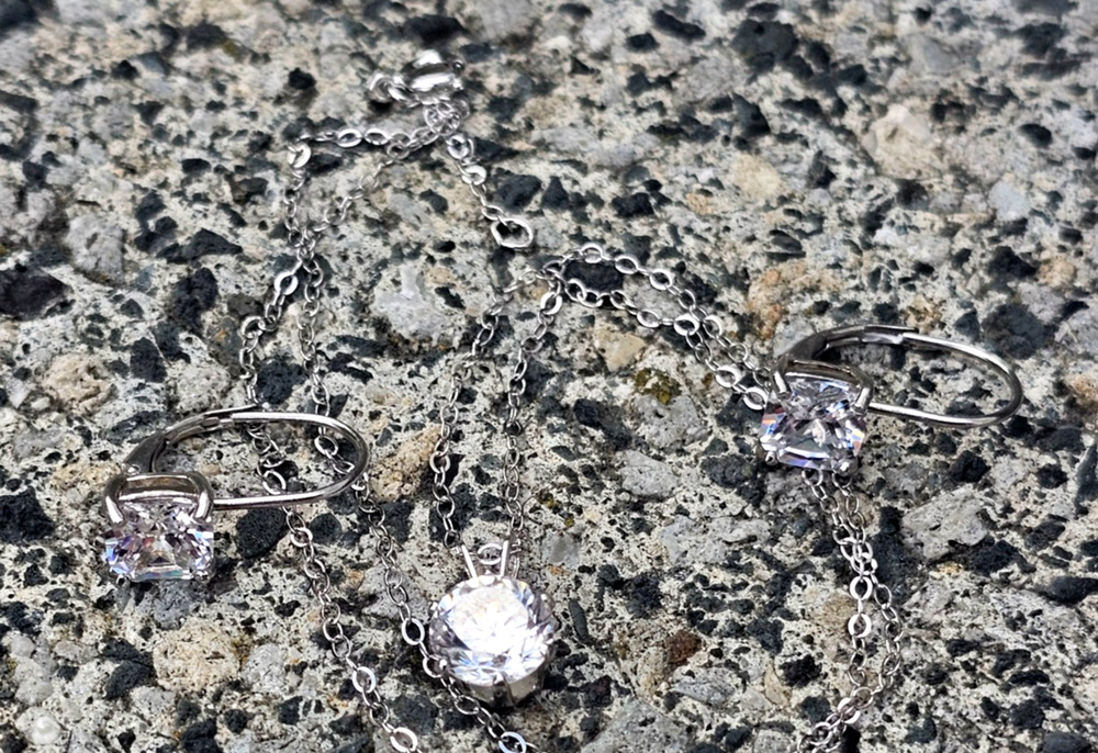 925 Sterling Silver AAA CZ Solitaire with Pendant Necklace 17" With Earrings